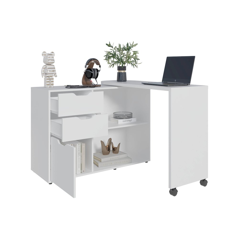 Lamont Rotable Desk 31.7" H, 1 Door, 2 Drawers, 2 Shelves, 2 Wheels, White. Picture 8