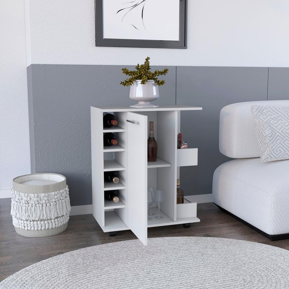 Bar Cart with 6-Built in Bottle Racks, Casters and 2-Open Side Shelves, White. Picture 5