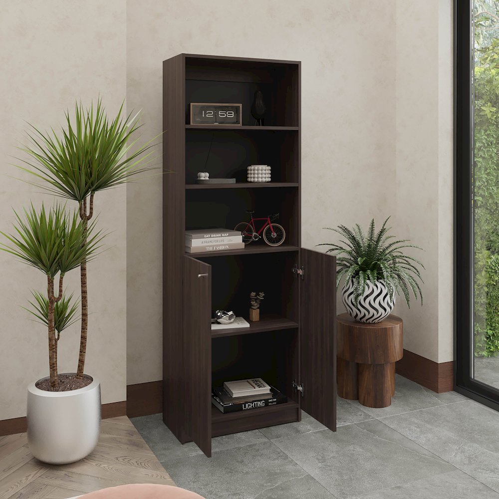 Vinton 2-Door Bookcase with Upper Shelves, Dark Walnut / Black Wengue. Picture 8