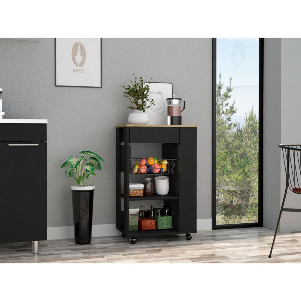 DEPOT E-SHOP Rosemont Kitchen Cart, Two Open Shelves, Rack, Four Caster Wheels, One Drawer-Black-Light Oak, For Kitchen. Picture 1