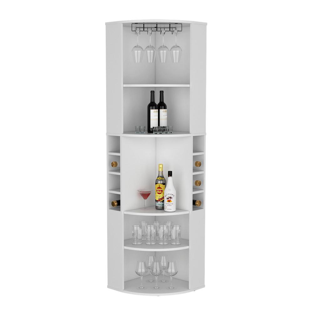 71" Corner Bar Cabinet with Five Shelves, Eight Bottle Cubbies and Stemware. Picture 1