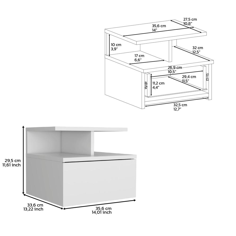 DEPOT E-SHOP Seward Floating Nightstand, Wall Mounted with Single Drawer and 2-Tier Shelf, White. Picture 3