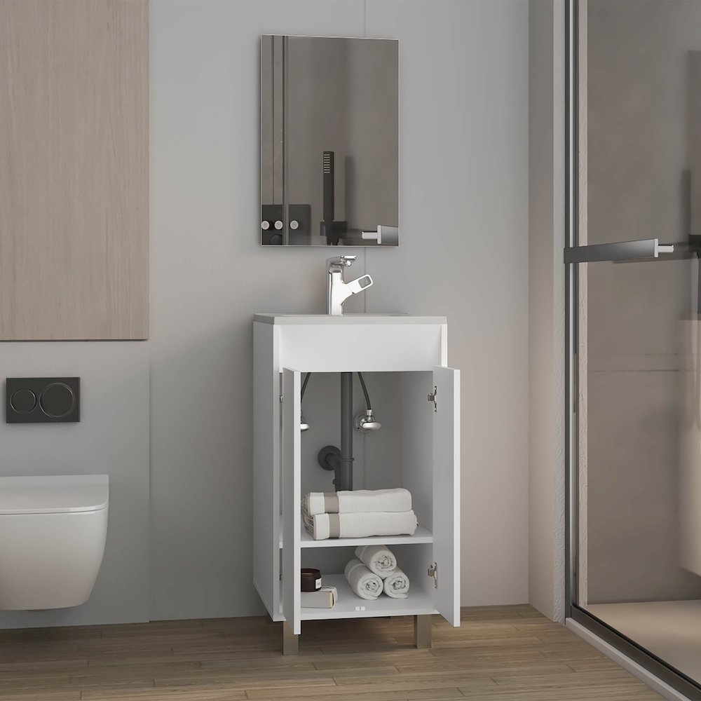Ingold Bathroom Set, Cabinet with Sink, 2 Doors, 4 Legs, 2 Shelves, 1 Mirror. Picture 7