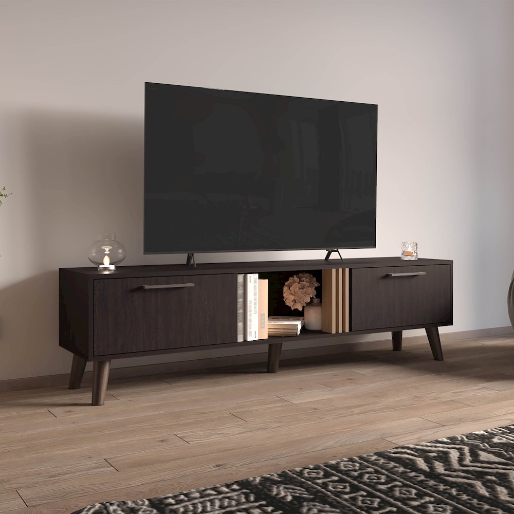Lankin TV Stand, 2 Doors, 1 Shelf, Black / Natural Oak. Picture 6