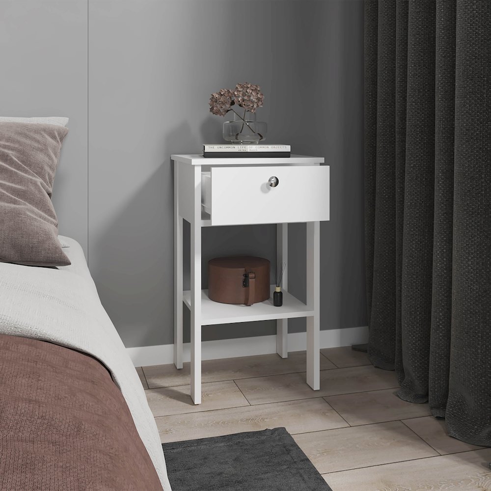 McRae Nightstand, 1 Drawer, 1 Shelf, 4 Legs, White. Picture 5