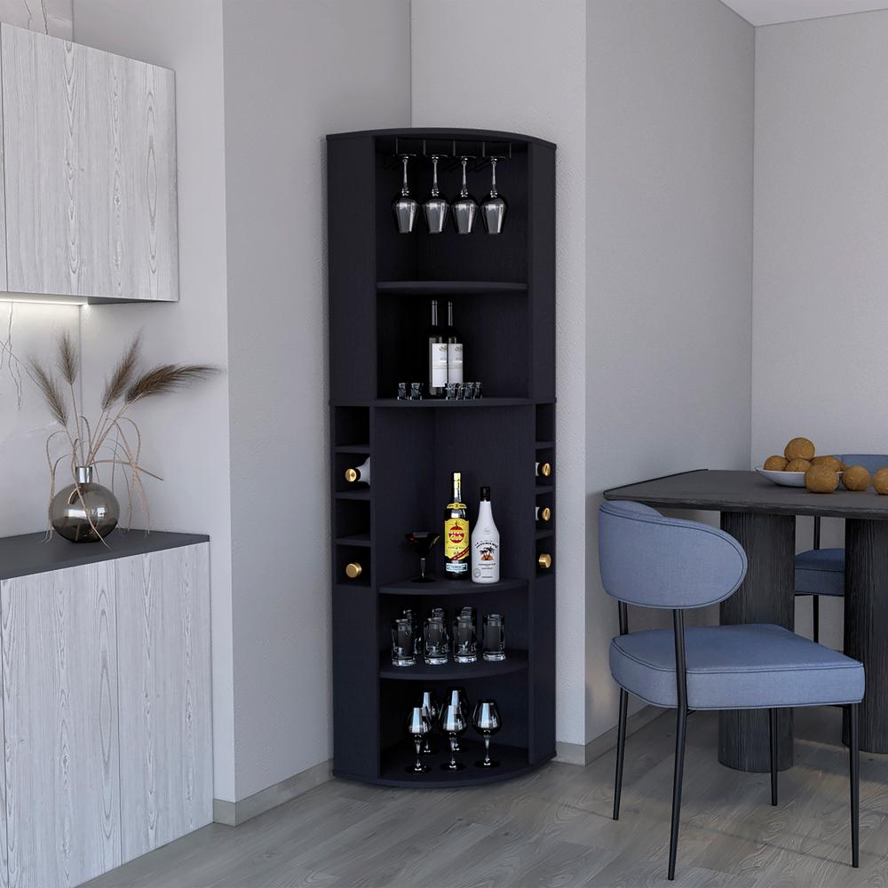 71" Corner Bar Cabinet with Five Shelves, Eight Bottle Cubbies and Stemware. Picture 6