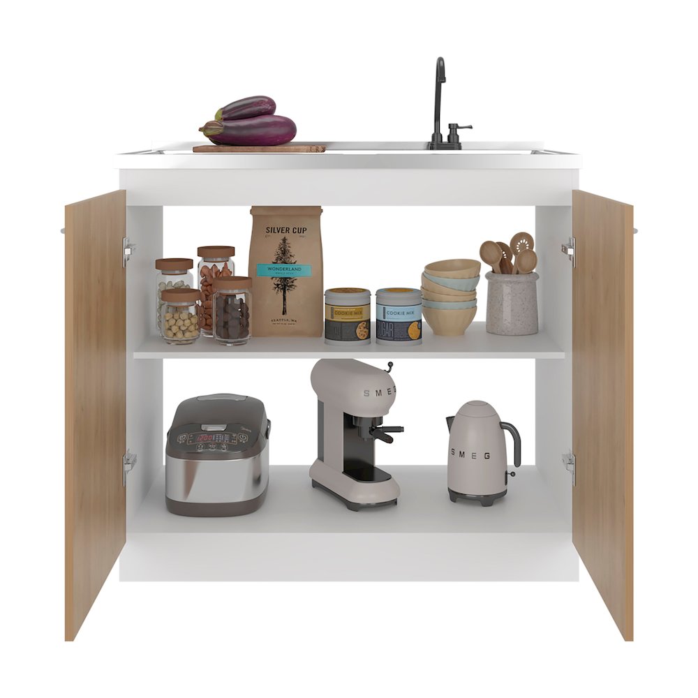 Salento Freestanding Sink, Double Door Cabinet, Two Shelves, White / Natural Oak. Picture 4