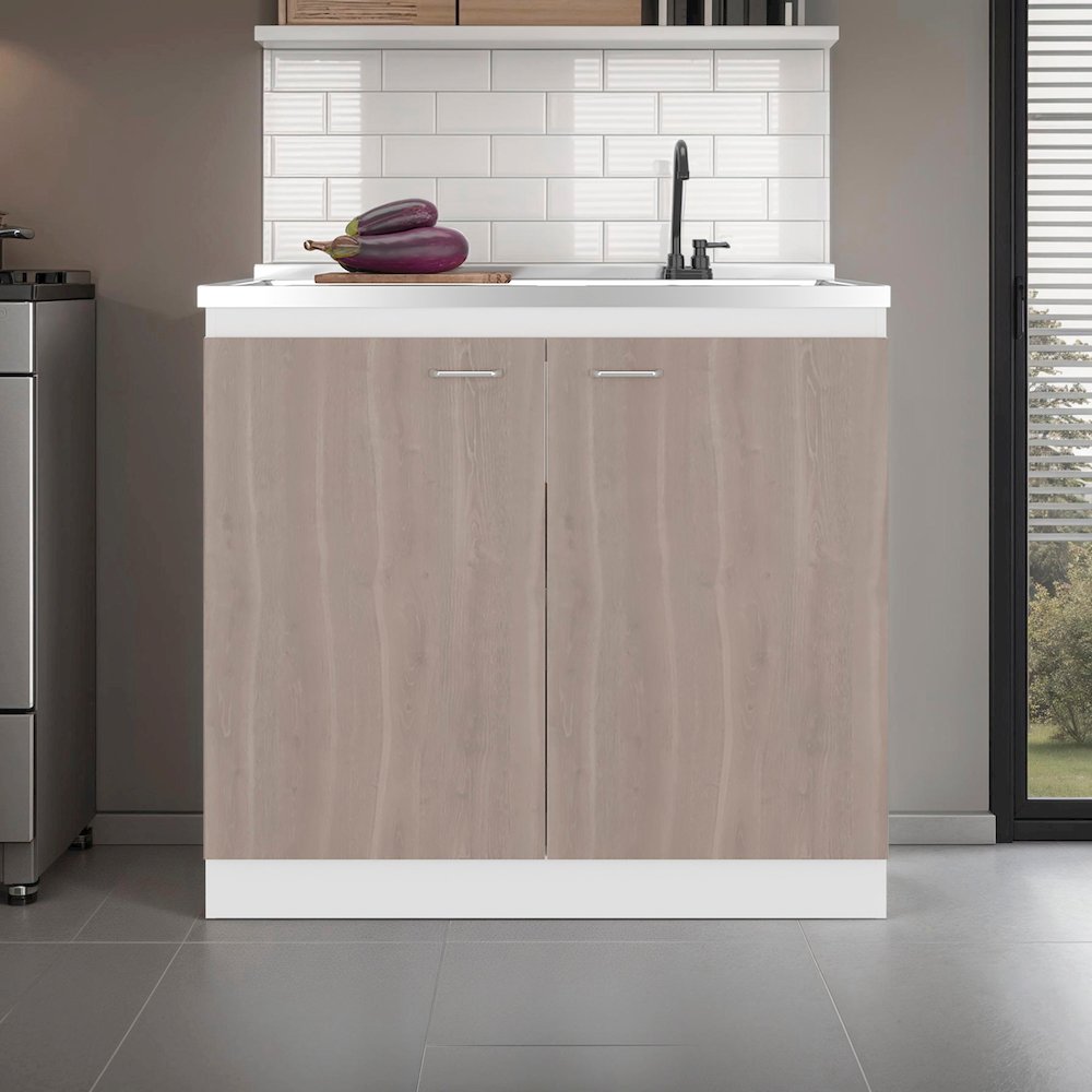 Salento Freestanding Sink, Double Door Cabinet, Two Shelves, White / Ligth Grey. Picture 1
