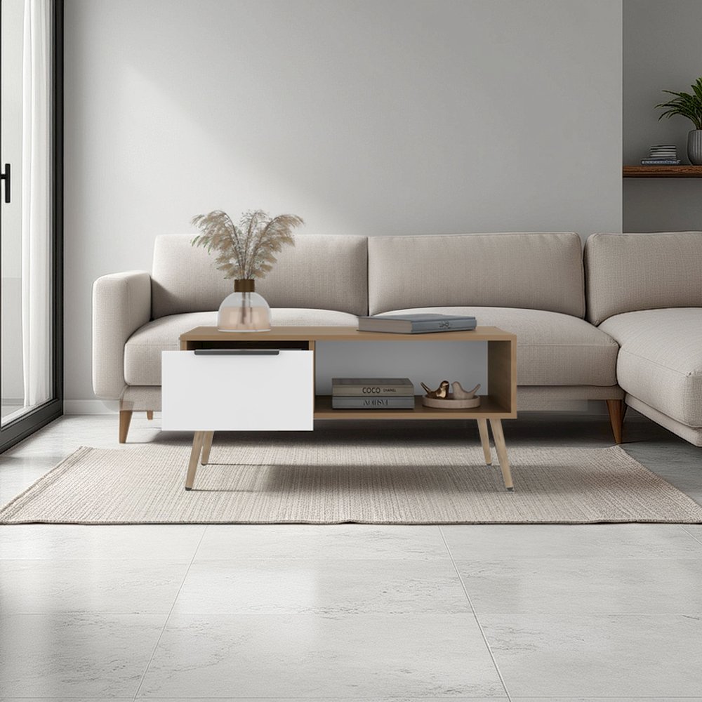 Basset Coffee Table, 1 Drawer, 1 Shelf, 4 Legs, Natural Oak / White. Picture 2