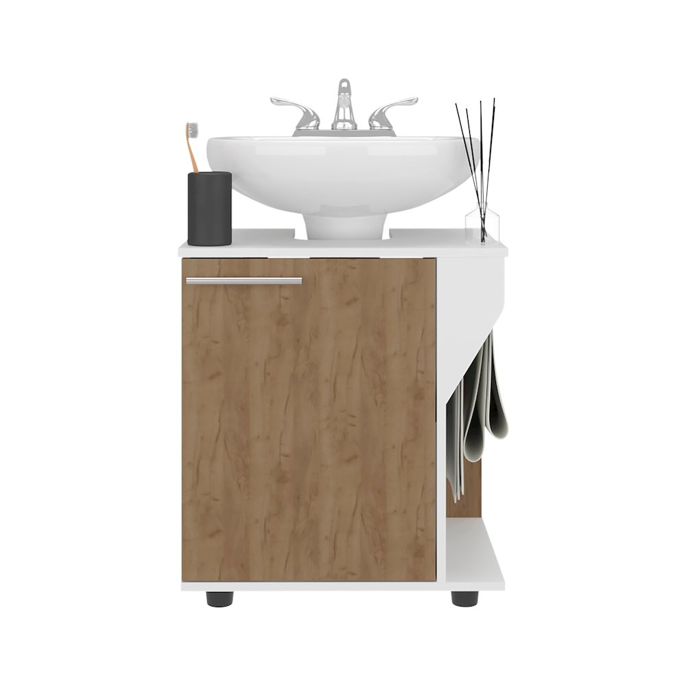 Enfield Under Sink Storage, 1 Door, 2 Shelves, 4 Legs, White / Natural Oak. Picture 6
