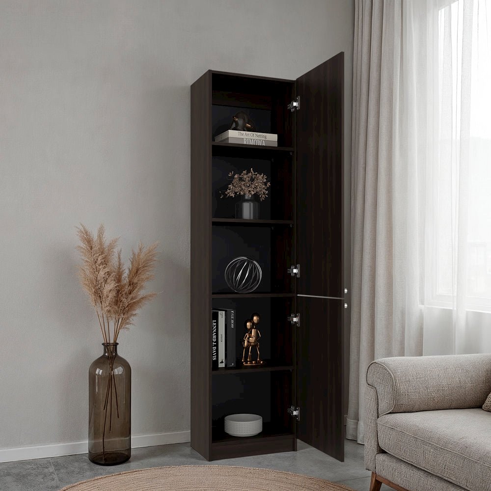 Butte Tall Bookcase 71"H with 2 Doors, Five Interior Shelves, Dark Walnut. Picture 2