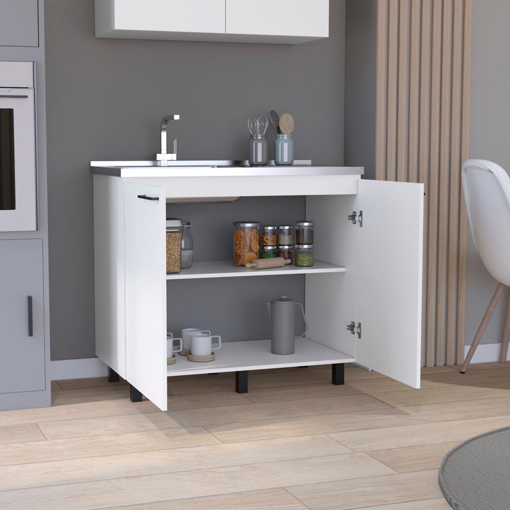 DEPOT E-SHOP Salento 2 Freestanding Utility Base Cabinet with Stainless Steel Countertop and 2-Door, White. Picture 6