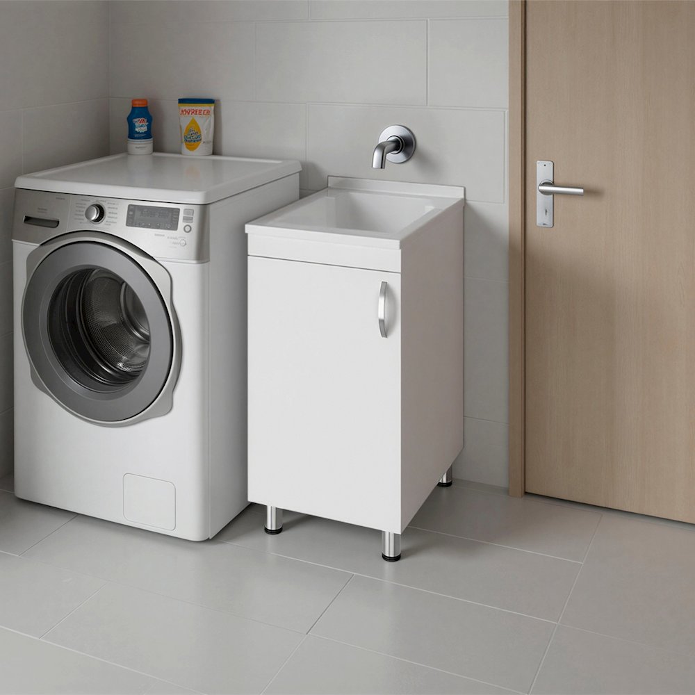 Mylo Freestanding Utility Tub with 1 Door, 2 Shelves and 4 legs, White. Picture 1