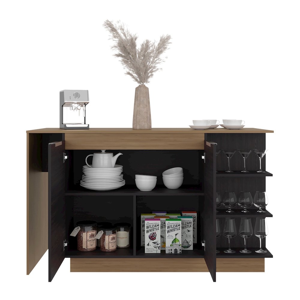 Dwight Kitchen Bar Counter with Shelves and Cabinets, Black Wengue / Natural Oak. Picture 4