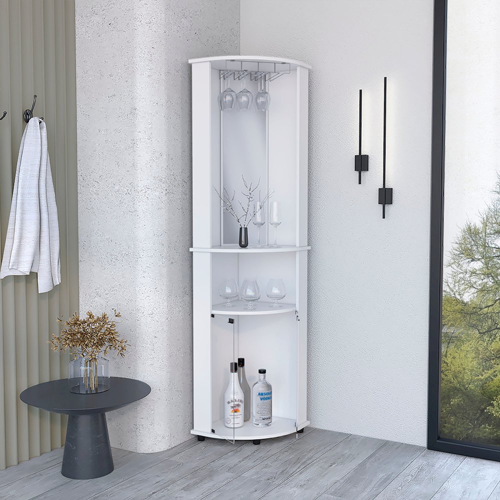Corner Bar Cabinet Unit with Wine Glass Rack and Lower Cabinet, White. Picture 5