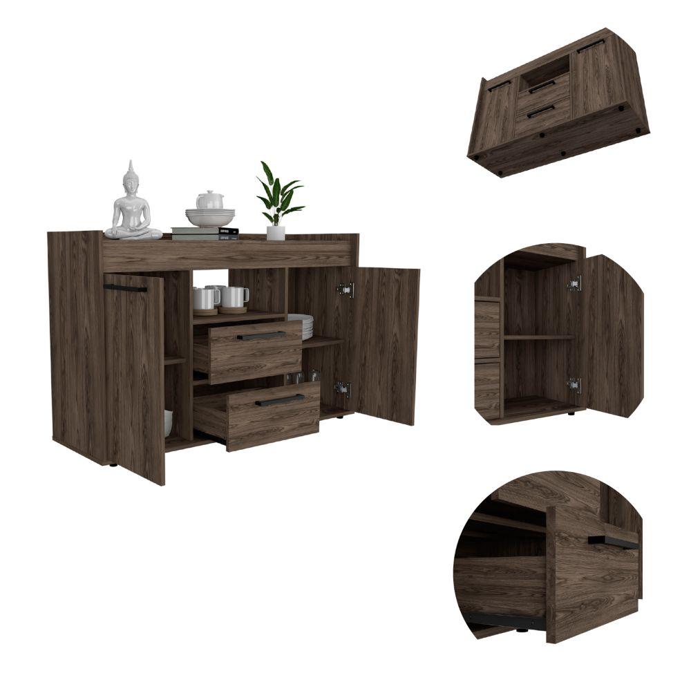 DEPOT E-SHOP Hart Sideboard. Two-Door Cabinet, One Open Shelf, Two Drawers, Countertop-Dark Walnut, For Living Room. Picture 4