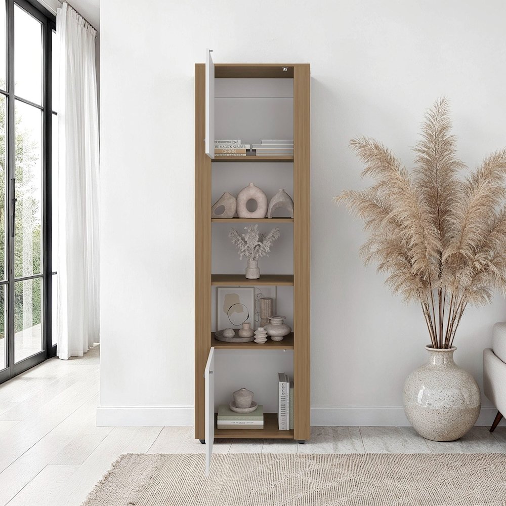 Bookcase with Upper and Lower Doors, Open Display Shelves, Natural Oak / White. Picture 2