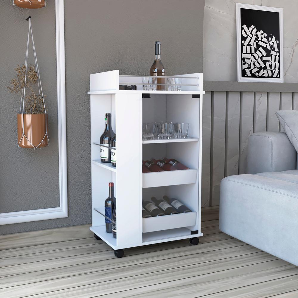 Lansing Bar Cart with Glass Door, 2-Side Shelves and Casters, White. Picture 5