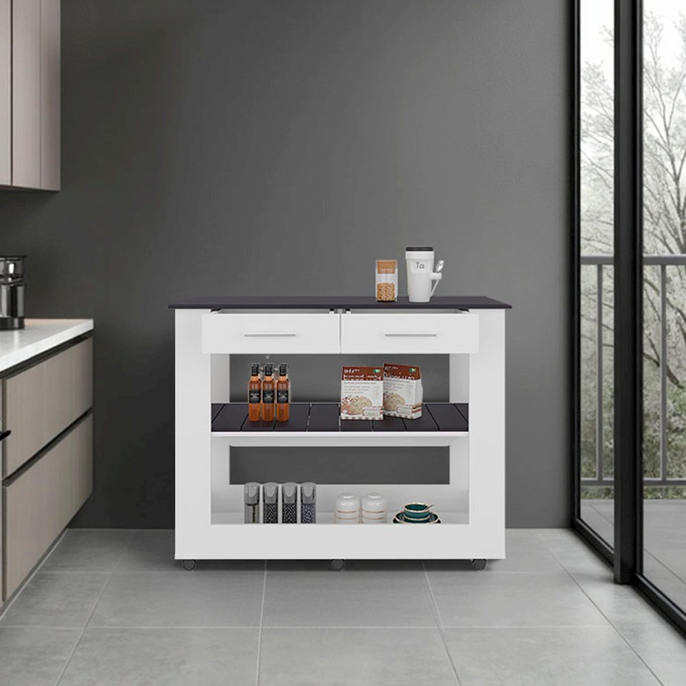 Delos Kitchen Island, 2 Drawers, 6 Wheels, 2 Shelves, White / Black Wengue. Picture 2