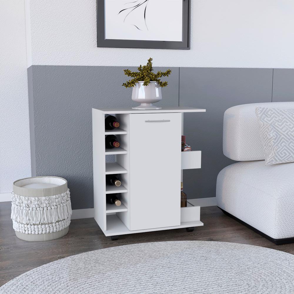 Bar Cart with 6-Built in Bottle Racks, Casters and 2-Open Side Shelves, White. Picture 4