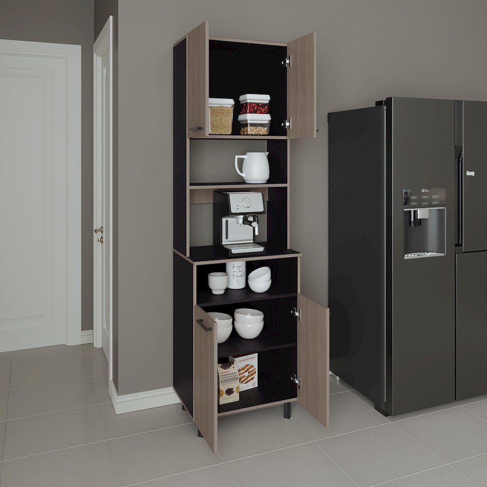 Zena Kitchen Pantry, 4 Doors, 4 Legs, 4 Shelves, White Oak / Black Wengue. Picture 8