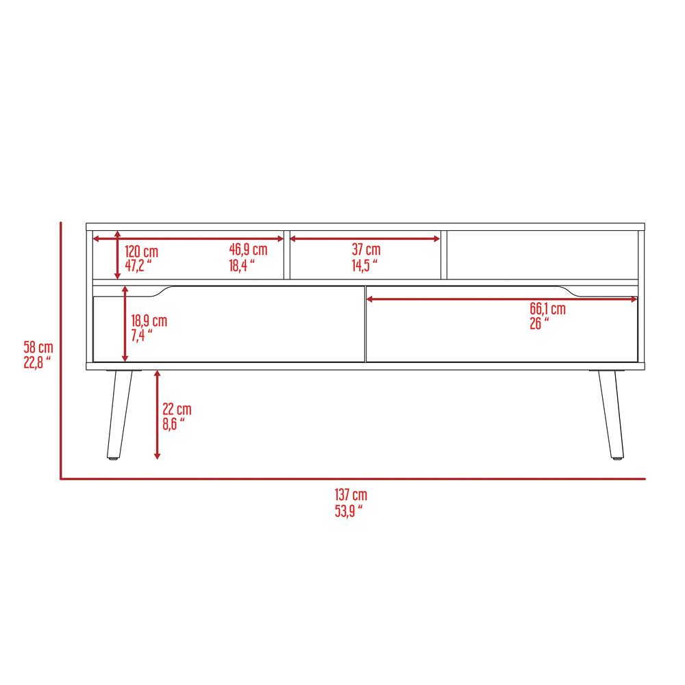 DEPOT E-SHOP Kobe Tv Stand, Countertop, Three Open Shelves, Two Flexible Drawers, Four Legs- Dark Walnut, For Living Room. Picture 5