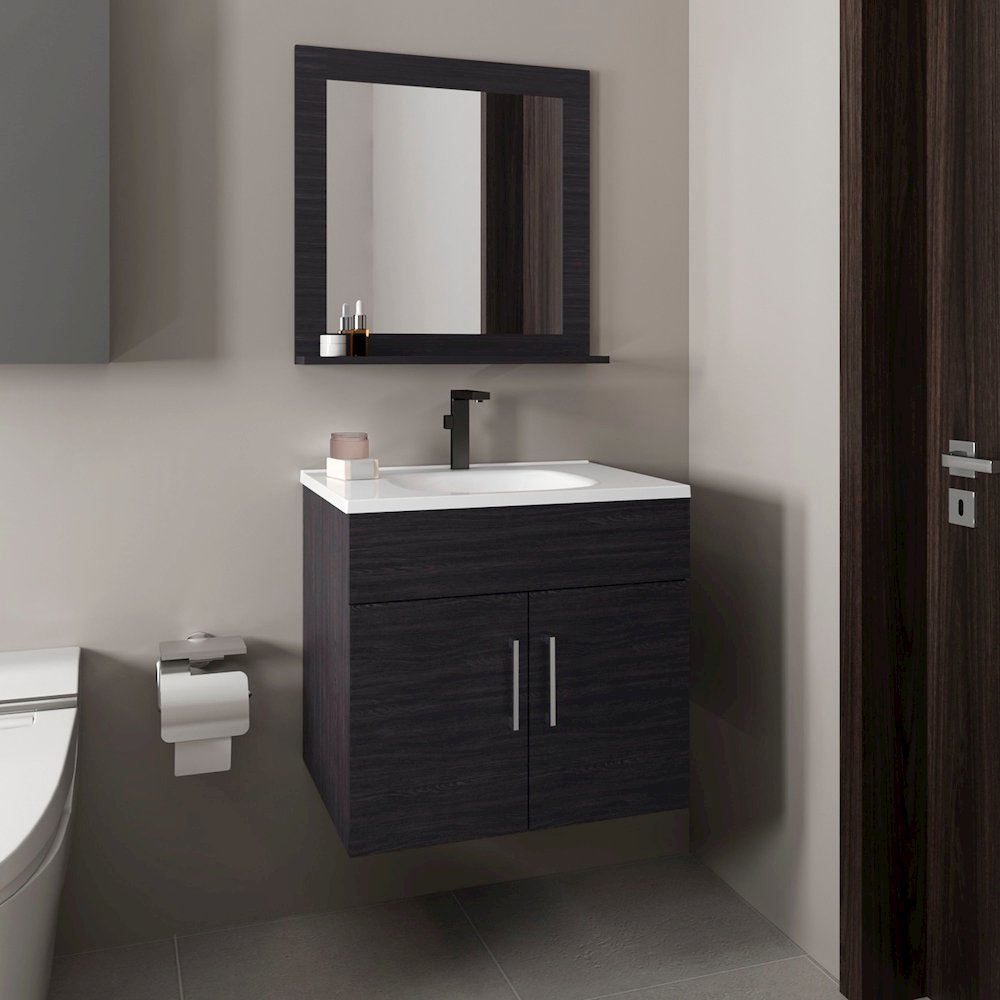 Jette Bathroom Set, Vanity Sink, 2 Doors, 1 Shelf, 1 Mirror, Black Wengue. Picture 7