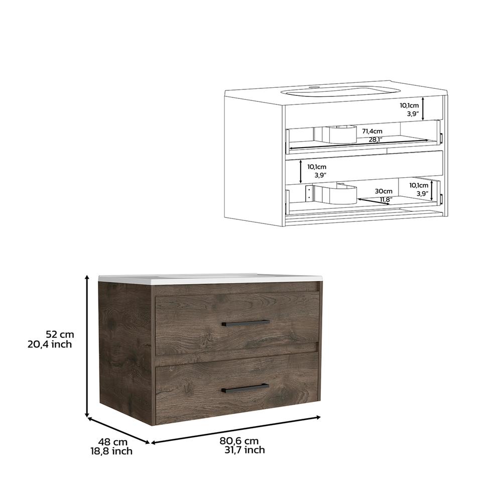 Cardova Floating Vanity Bathroom with 2-Drawers, Dark Brown / White. Picture 5