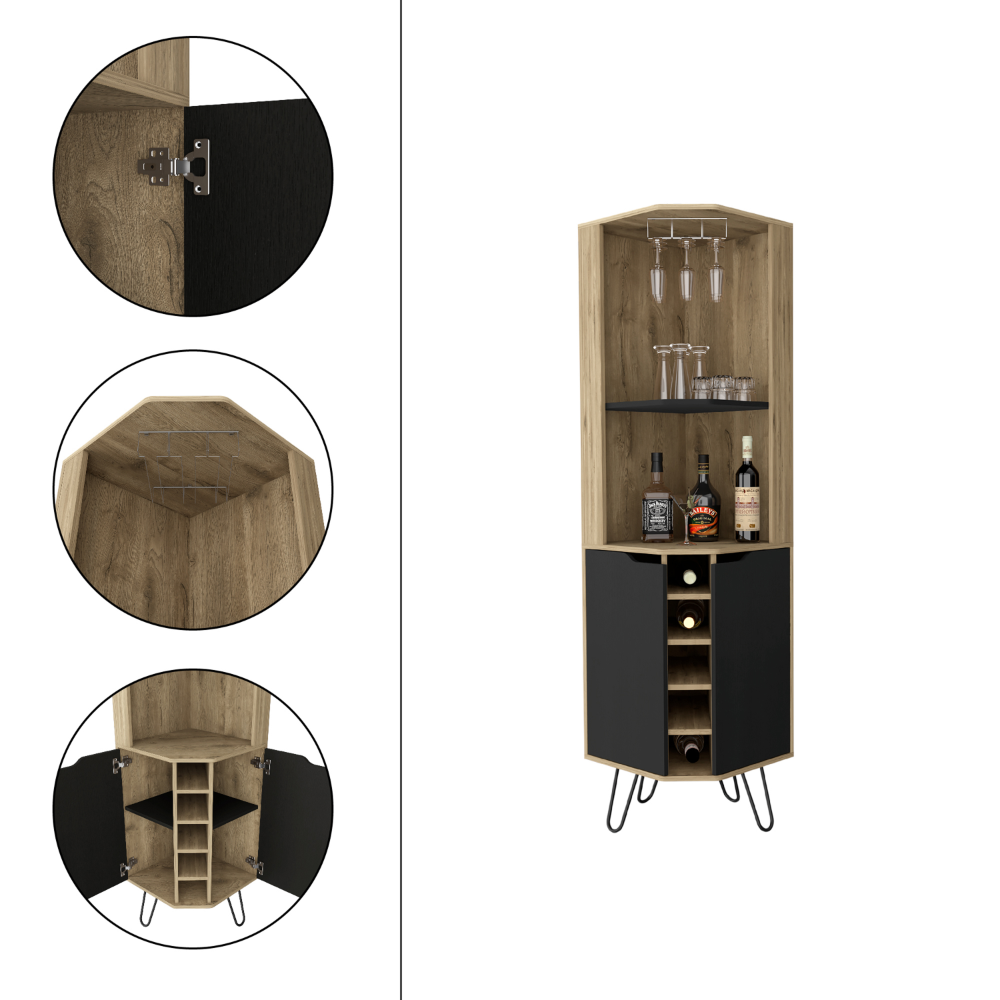 Depot E-Shop Bursan Corner Cabinet Six Built-in Wine Rack, Two Shelves, Four Shelves, Macadamia / Black. Picture 3