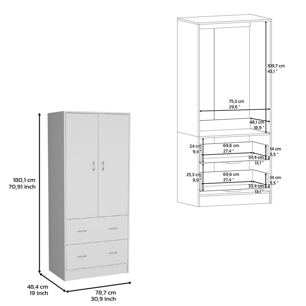 Silo 71" H Armoire with Two Doors, Two Drawers, and Hanging Rod,White. Picture 5