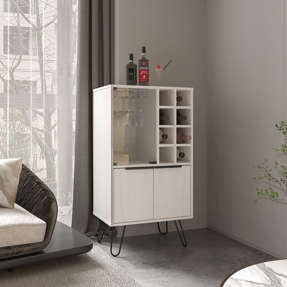 Lutak Bar Cabinet with 2 Doors, 9 Shelves, and 1 Glass Panel, White Washed Oak. Picture 6