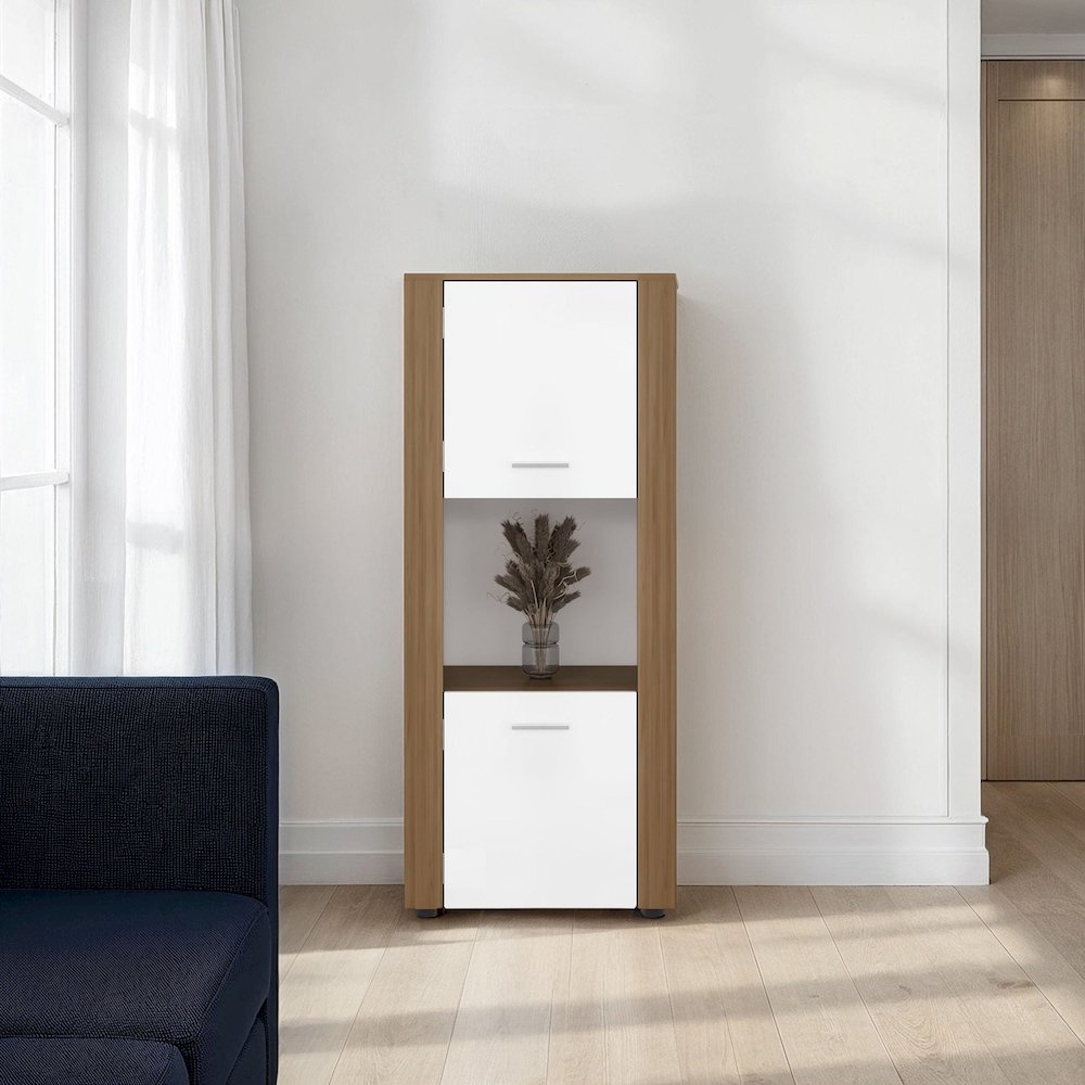 Bookcase with Upper and Lower Doors, Open Center Shelf, Natural Oak/White. Picture 1