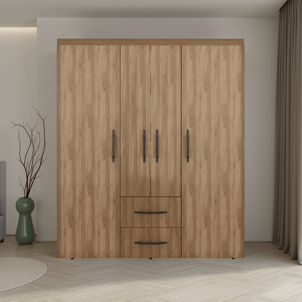 Wardrobe, Deluxe Armoire with Multiple Storage Options, Metal Accents, Oak. Picture 1