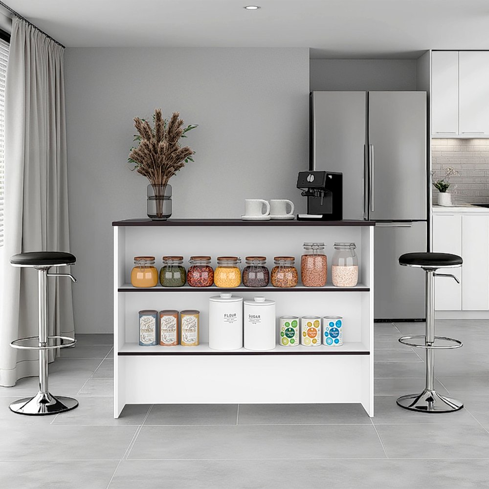 Gravette Kitchen Island, 3 Shelves, White / Black Wengue. Picture 5