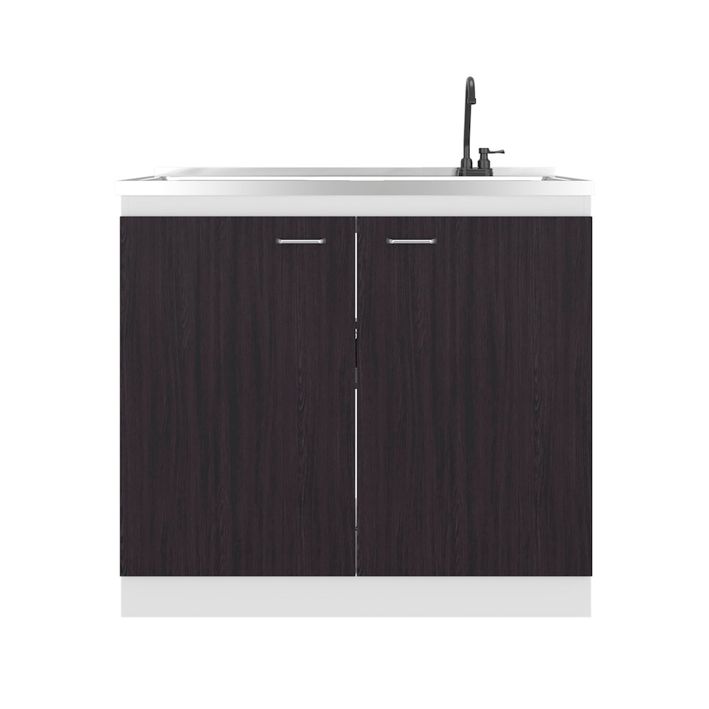 Salento Freestanding Sink, Double Door Cabinet, Two Shelves, White/Black Wengue. Picture 3