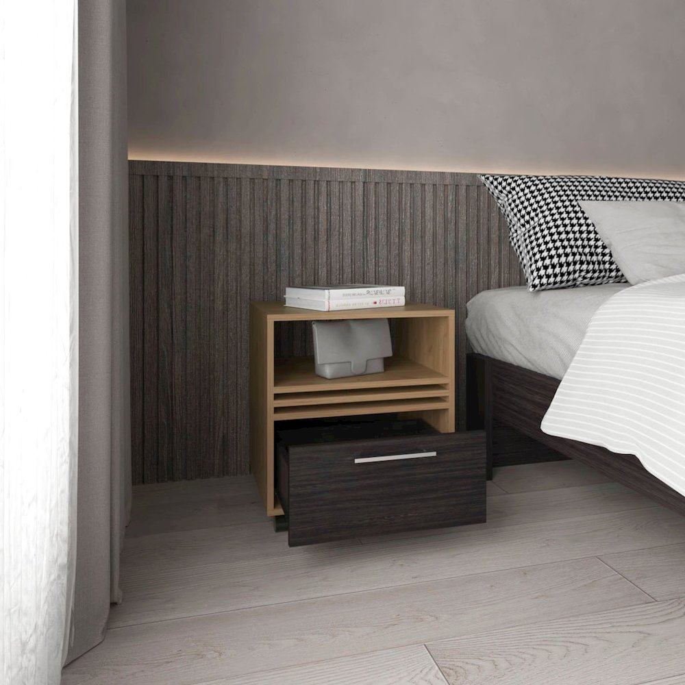 Alsen Nightstand, 1 Drawer, 4 Wheels, 1 Shelf, Natural Oak / Black. Picture 7