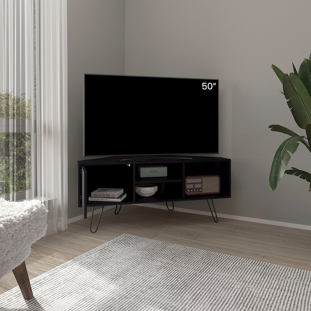 Jenks TV Stand, 1 Door, 3 Shelves, 4 Legs, Black. Picture 7