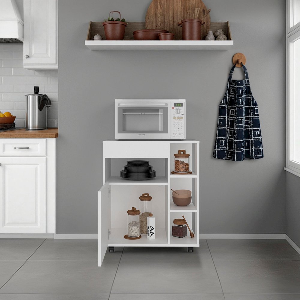 Microwave Cart with 5 Shelves, 1 Door, Cabinet Storage, Rolling Casters, White. Picture 2