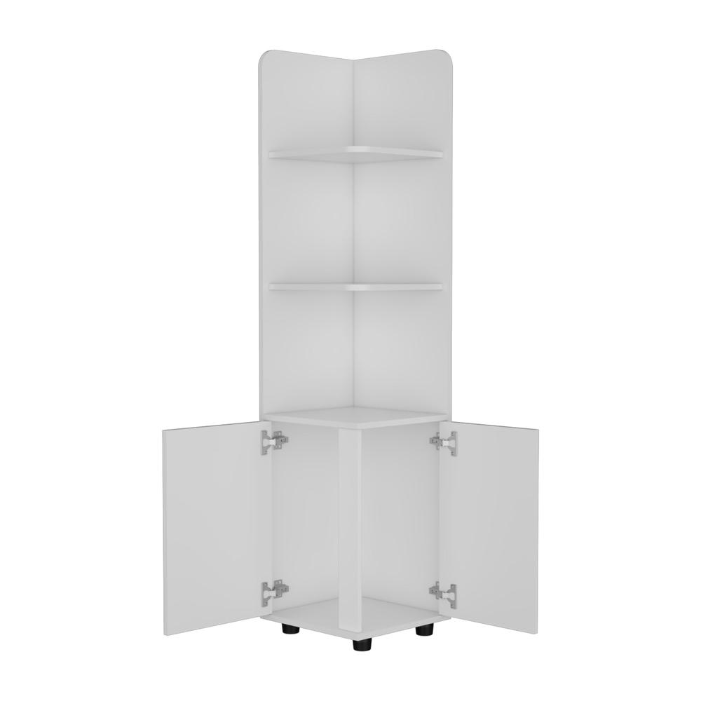 DEPOT E-SHOP Vestal Tall Corner Cabinet with 3-Tier Shelf and 2-Door, White. Picture 1