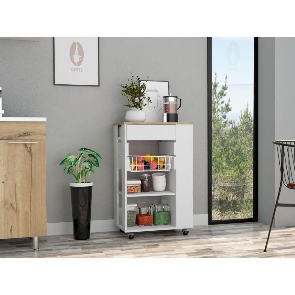 DEPOT E-SHOP Rosemont Kitchen Cart, Two Open Shelves, Rack, Four Caster Wheels, One Drawer-White-Light Oak, For Kitchen. Picture 1