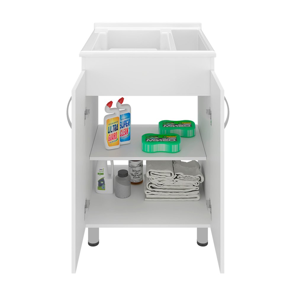 Dunn Freestanding Utility Tub Cabinet with 2 Doors, 2 Interior Shelves, White. Picture 4