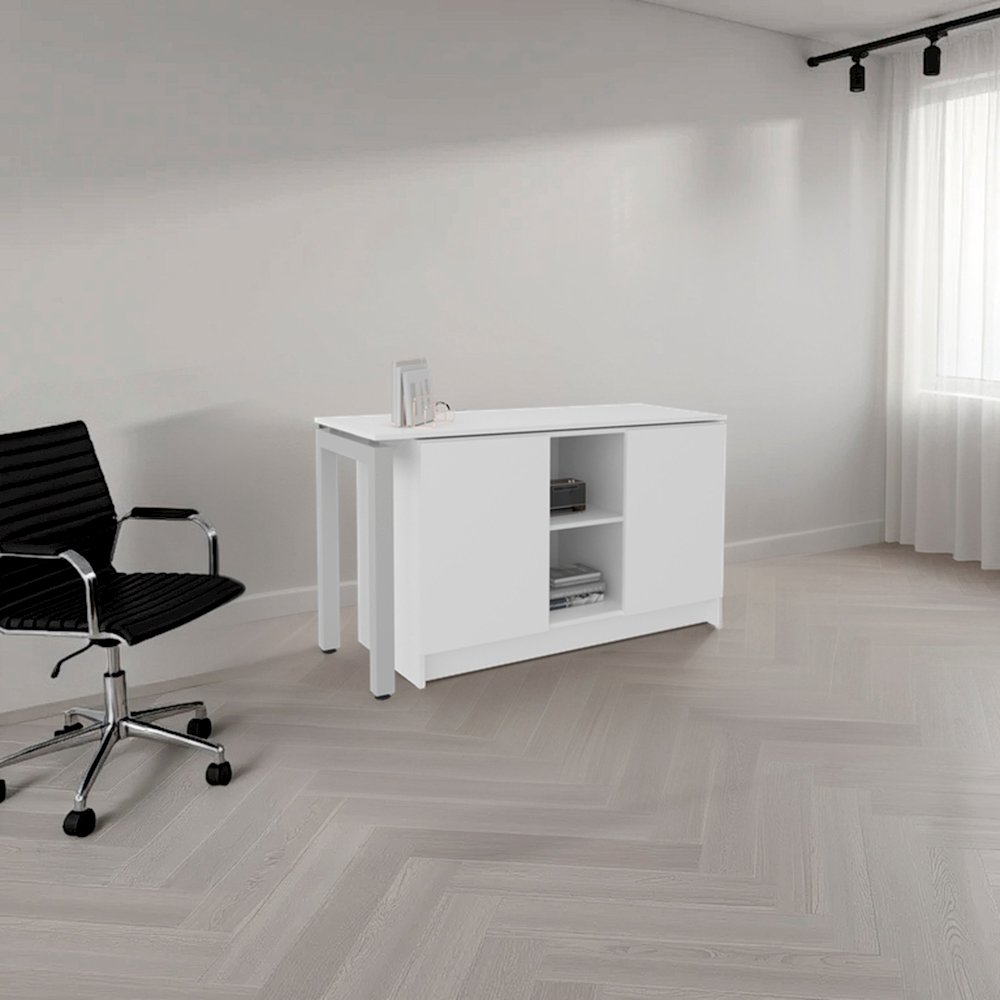 Afton Desk, 2 Doors, 4 Shelves, 2 Legs, White. Picture 4