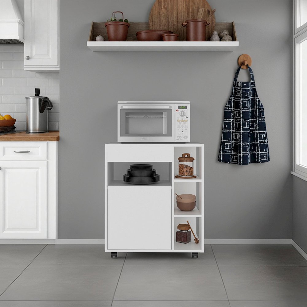 Microwave Cart with 5 Shelves, 1 Door, Cabinet Storage, Rolling Casters, White. Picture 1