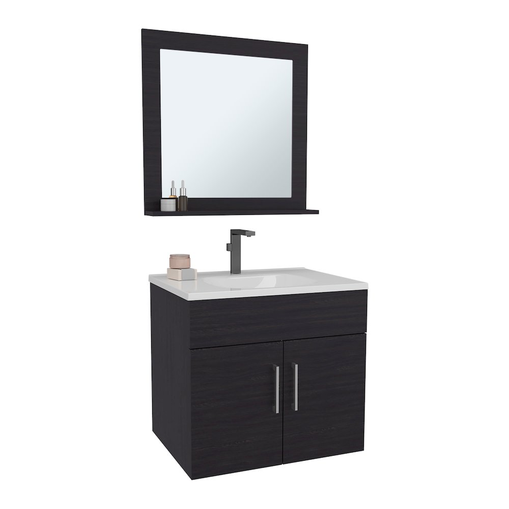 Jette Bathroom Set, Vanity Sink, 2 Doors, 1 Shelf, 1 Mirror, Black Wengue. Picture 3