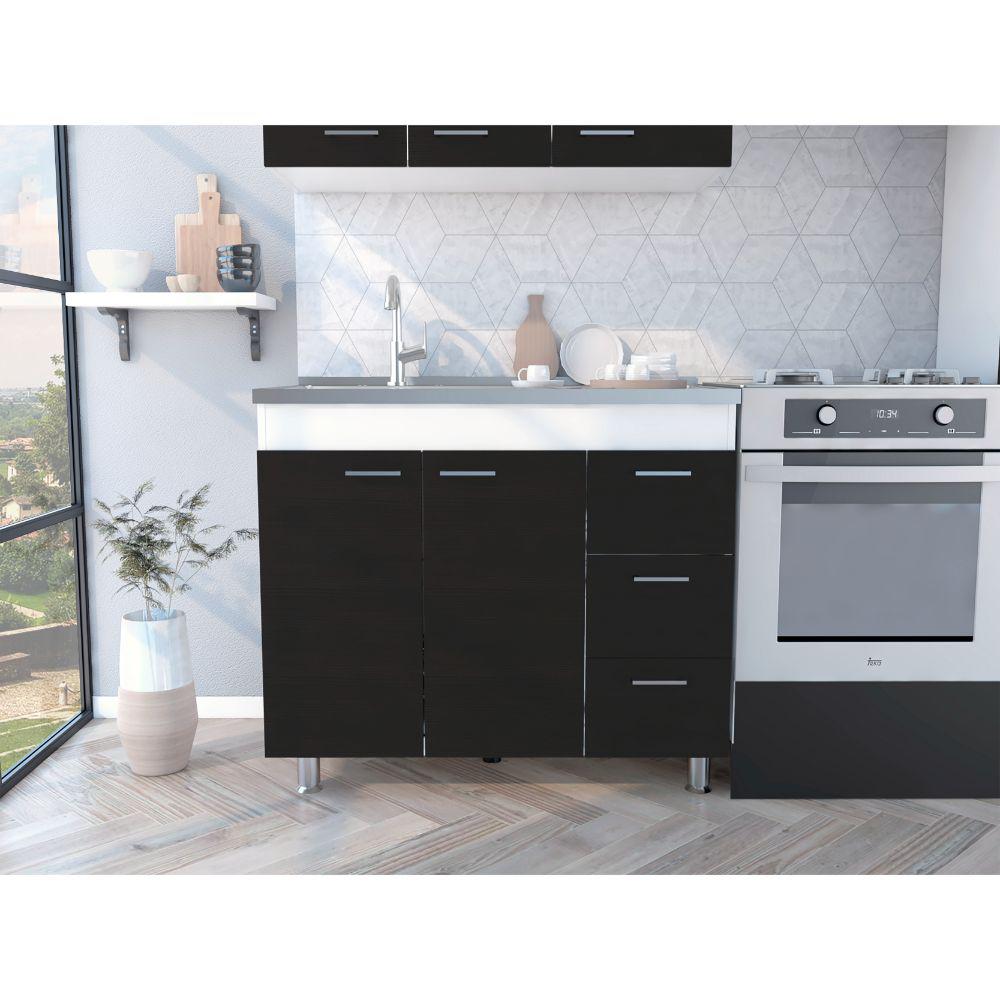DEPOT E-SHOP Rushville Base Cabinet, Three Drawers, Two-Door Cabinet, Countertop, Four Legs-White-Black, For Kitchen. Picture 1