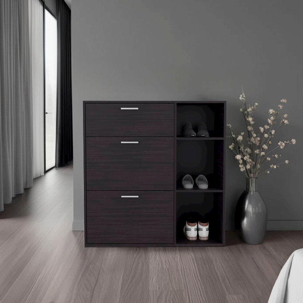 Linn Shoe Rack, 2 Doors, 1 Drawer, 3 Shelves, Black Wengue. Picture 4