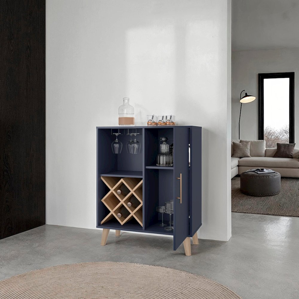 Severn Bar Cabinet, 1 Door, 1 Drawer, 4 Shelves, Alby Blue / Natural Oak. Picture 5