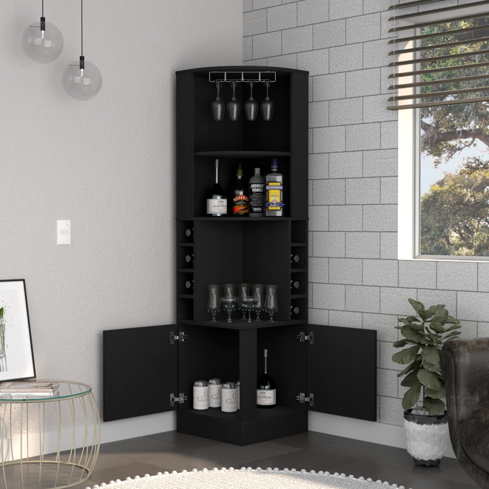 Depot E-Shop Cairo Corner Bar Cabinet, Double Door Cabinet, Glass Rack, Eight Built-in Wine Rack, Black. Picture 5