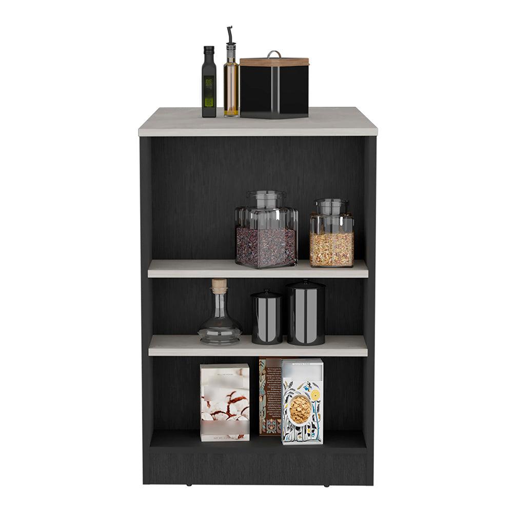 Kitchen Island, Kitchen Bar Table with 3-Side Shelves, Black / Ibiza Marble. Picture 5