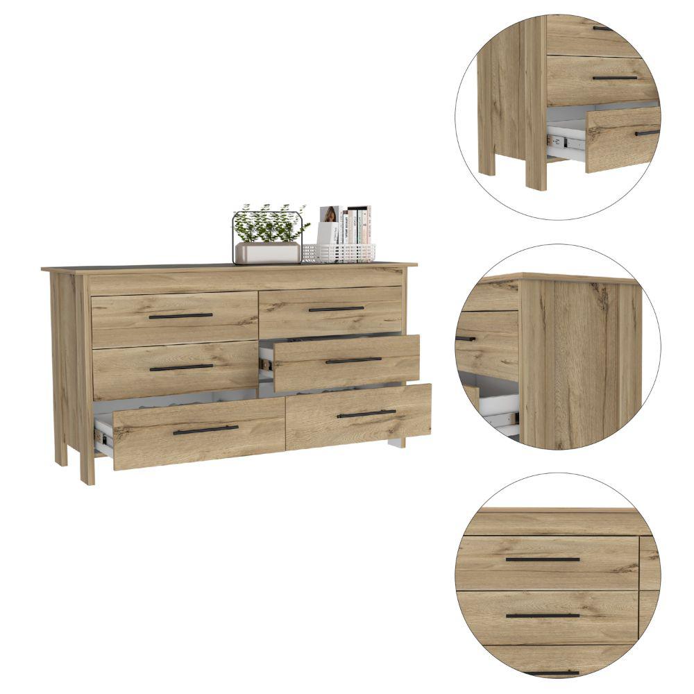 DEPOT E-SHOP Paris 6 Drawer Double Dresser -Six Drawers, Four Legs, Countertop-Light Oak/White. For Bedroom. Picture 3